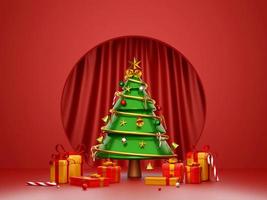 Escena del árbol de navidad y caja de regalo con fondo de cortina roja, ilustración 3d foto