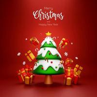 Scene of Christmas tree and gift box on red background, 3d illustration photo