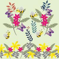 flower leaf with bee and butterfly vector