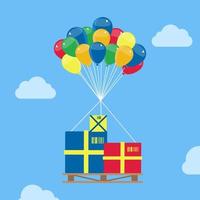 Order packages on the pallet rising with balloons. Order packages on the pallet hanging from helium balloons, floating and soaring in the sky. Parcel delivery logistics concept. Online trade delivery. vector