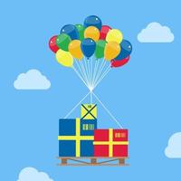 Order packages on the pallet rising with balloons. Order packages on the pallet hanging from helium balloons, floating and soaring in the sky. Parcel delivery logistics concept. Online trade delivery. vector