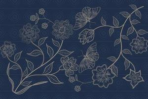 traditional batik style floral and butterfly line art. designs for textile fabrics and patterns vector
