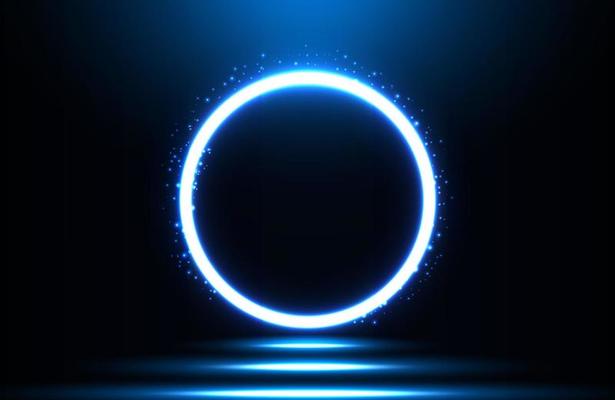 Circle neon light effect on dark background, futuristic techno concept
