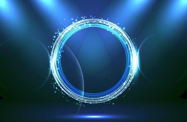 Circle neon light effect on dark background, futuristic techno concept