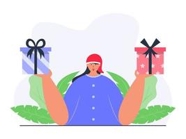 Girl Choosing and Holding Christmas Gift Boxes vector