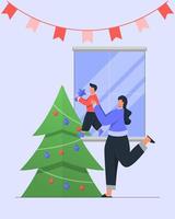 Family Decorating Christmas Tree vector