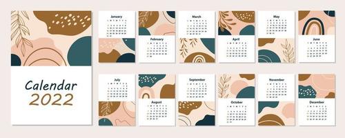 Abstract 2022 calendar. Set 12 month pages. Hand drawn various shapes and doodle objects. Modern art. Minimalist shapes. Geometric trendy vector illustrations.