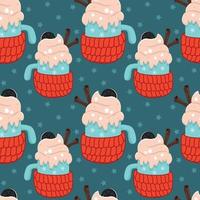 Vector seamless Christmas background with a hot drink in a wool cup holder cinnamon and whipped cream