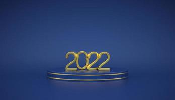 feliz año nuevo 2022. Números metálicos dorados 3D 2022 en el podio del escenario azul. escena, plataforma redonda 3d sobre fondo azul. banner, cartel web, portada, plantilla de vacaciones. vector ilustración realista.