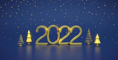 Happy New 2022 Year. 3D Golden metallic numbers 2022 with gold metallic cone shape pine, spruce trees and confetti on blue background. Xmas background, card, header. Vector realistic illustration.