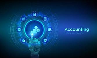 Accounting. Accountancy service. Banking Calculation. Financial analysis, investments and business consulting concept. Online banking. Robotic hand touching digital interface. Vector illustration.