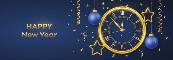 feliz año nuevo 2022. reloj dorado brillante con números romanos y cuenta regresiva de medianoche, víspera de año nuevo. fondo con brillantes estrellas doradas y bolas. Feliz Navidad. vacaciones de navidad. ilustración vectorial.