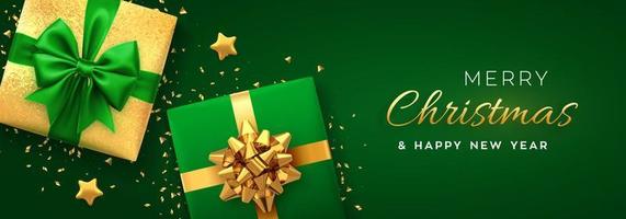 Christmas banner. Realistic gift boxes with green and golden bow, gold stars and glitter confetti. Xmas background, horizontal christmas poster, greeting cards, headers website. Vector illustration.
