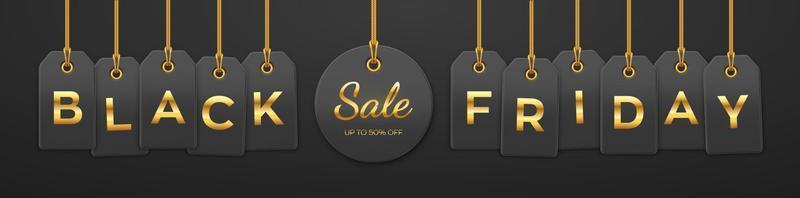 Black friday sale, shopping promotion. Price tag coupons hanging on gold ropes with golden letters for Black Friday discount for decoration on black background. Realistic Vector illustration.