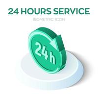 Icono de 24 horas. Servicio 24 horas signo isométrico 3d. símbolo de tiempo. creado para móvil, web, decoración, productos impresos, aplicación. perfecto para diseño web, banner y presentación. ilustración vectorial. vector