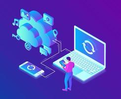 Cloud storage. Cloud Computing Technology Isometric Concept with Laptop and Smartphone Icons. User male character. Synchronization of devices. Vector illustration.