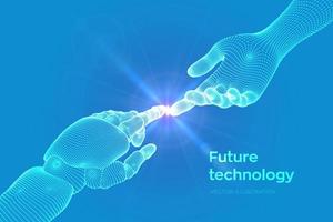 Hands of Robot and Human Touching. Cyborg finger about to touch human finger. Symbol of connection between people and artificial intelligence. Science, future technology. Vector Illustration.