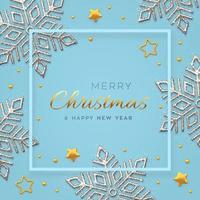 Christmas blue background with shining silver snowflakes, gold stars and beads. Merry christmas greeting card. Holiday Xmas and New Year poster, web banner. Vector Illustration.