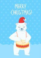 Christmas card with polar bear with red hat playing drum on North Pole in cartoon style vector
