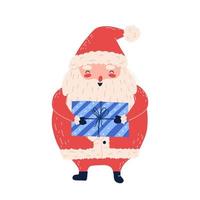 Cute Santa Claus holds Christmas gift, flat vector illustration isolated on white background. Winter cartoon character with present, holiday celebration.