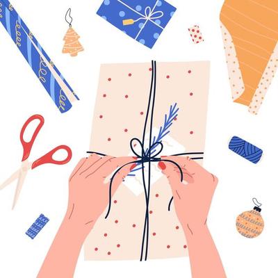 Gift wrapping process with box, scissors and thread from above, flat