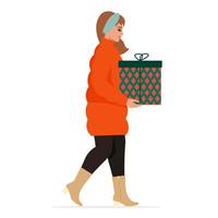 mujer vestida con ropa de abrigo, lleva caja de regalo. Navidad, tarjeta de temporada de invierno. vector ilustración plana, estilo retro