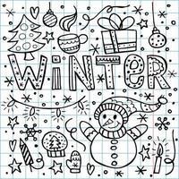 A set of winter elements in the doodle style. A hand-drawn illustration on the background of a checkered notebook. Happy New Year 2022. Merry Christmas. vector