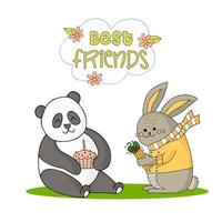 Funny bunny in a yellow jacket and striped scarf with shawarma and a panda with a cupcake. Hand-drawn doodle illustration. Best Friends. vector