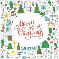 Set of winter doodle elements. Colorful hand-drawn objects with handwritten lettering on a white background. Merry Christmas and Happy New Year 2022. vector