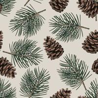 Seamless pattern with pine tree branches and cones. Hand drawn vector illustration