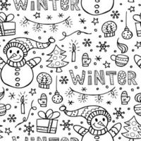 Seamless pattern of winter elements in the doodle style. Hand-drawn endless illustration. Happy New Year 2022. Merry Christmas. vector