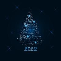 Magic Christmas made of snowstorms and snowflakes tree with a blue stars on a dark blue background. Merry Christmas and Happy New Year 2022. Vector illustration.