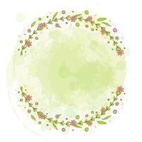 A frame of pink flowers with greenery. Floral arrangement in the shape of a circle. Vector illustration. On a watercolor background.