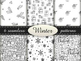 6 seamless patterns in doodle style. Winter endless illustration is hand-drawn. Happy New Year 2022 and Merry Christmas. Black and white elements on a white background. vector