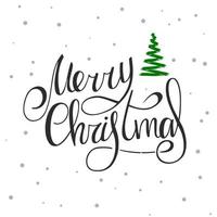 Merry Christmas. Black Handwritten lettering with a green Christmas tree and snowflakes on a white background. New Year 2022. vector