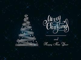 Handwritten white lettering on a dark blue background. Magic white Christmas tree made of brush strokes with snowflakes. Merry Christmas and Happy New Year 2022. vector