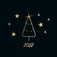 Sparkling Christmas Tree with shiny dust. Golden metallic outline icon with stars on a dark blue background. Merry Christmas and Happy New Year 2022. Golden Metallic. Vector illustration.