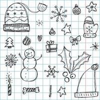 A set of winter elements in the doodle style. A hand-drawn illustration on the background of a checkered notebook. Happy New Year 2022. Merry Christmas. vector