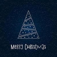 Silver silhouette of a Christmas tree with snow on a dark blue background. Merry Christmas and Happy New Year 2022. Vector illustration.