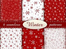 Set of 6 simple seamless patterns. Colored winter endless backgrounds with snowflakes. Red and white. vector