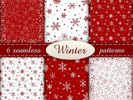 Set of 6 simple seamless patterns. Colored winter endless backgrounds with snowflakes. Red and white. vector