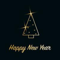 Sparkling Christmas Tree with shiny dust. Golden metallic outline icon on a dark blue background. Merry Christmas and Happy New Year 2022. Golden Metallic. Vector illustration.