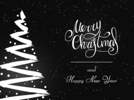 Handwritten white lettering on a gray background. Magic white Christmas tree made of brush strokes with snowflakes. Merry Christmas and Happy New Year 2022.