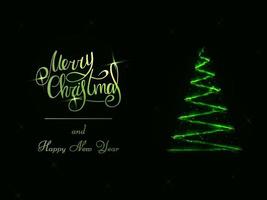 Handwritten green lettering on a dark background. Magic green glowing Christmas tree. Merry Christmas and Happy New Year 2022.