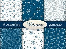 Set of 6 simple seamless patterns. Colored winter endless backgrounds with snowflakes. Blue and white. vector