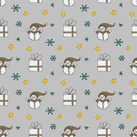 Seamless pattern in doodle style. Winter endless illustration is hand-drawn. Happy New Year 2022 and Merry Christmas. Snowman with hood and scarf, gift, stars and snowflakes on a gray background.