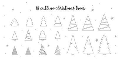 Christmas Trees - set of 18 black outline icons. Merry Christmas and Happy New Year 2022. Vector illustration.