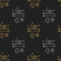 Seamless pattern in doodle style. Winter endless illustration is hand-drawn. Happy New Year 2022 and Merry Christmas. Gold and silver elements. A snowman with gifts, a Christmas tree and stars. vector