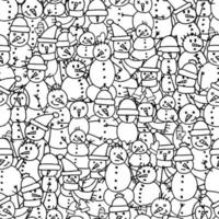 Seamless pattern in doodle style. Winter endless illustration is hand-drawn. Happy New Year 2022 and Merry Christmas. Black and white snowmen.