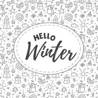 Seamless pattern of doodle elements. Lettering Hello Winter 2022. Hand-drawn winter objects. vector